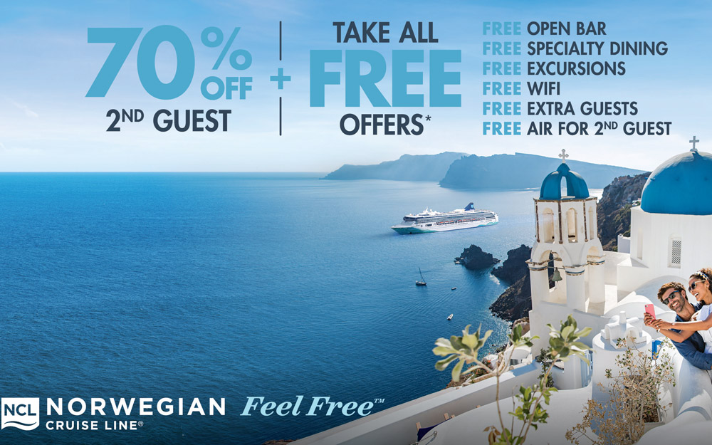 Sail 70% off 2nd guest + Take all FREE offers* + up to $300 onboard credit! 