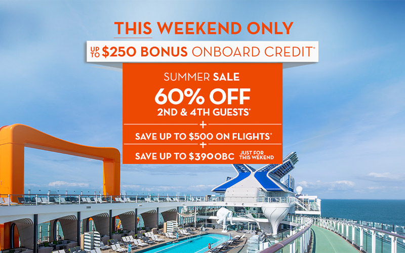 60% Off on Second Guest plus up to $340 onboard credit and an additional 60% off on 4th Guest plus save up to $500 in Flights with Celebrity Cruises.