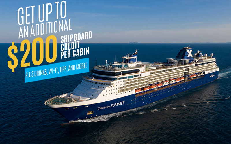 Early Booking Bonus, Get up to an additional $200 shipboard credit per cabin plus Drinks, Wi-fi, Tips, and More!