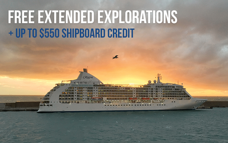 FREE Pre- AND Post-Cruise Land Program, FREE Unlimited Shore Excursions, Up to $550 onboard credit, plus Reduced Deposits*.