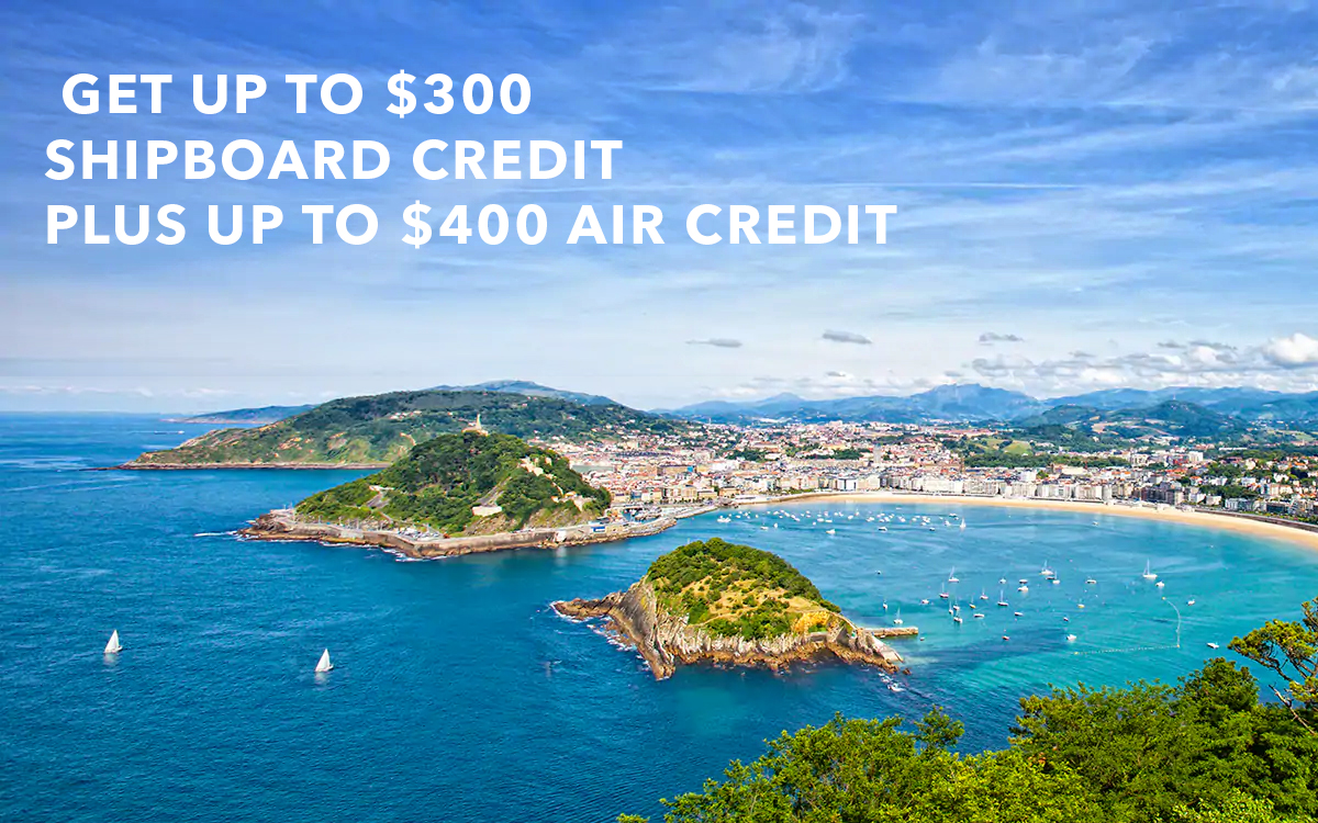 Get Cruise with complimentary pre or post stay and get up to $300 Shipboard Credit plus up to $400 Air Credit