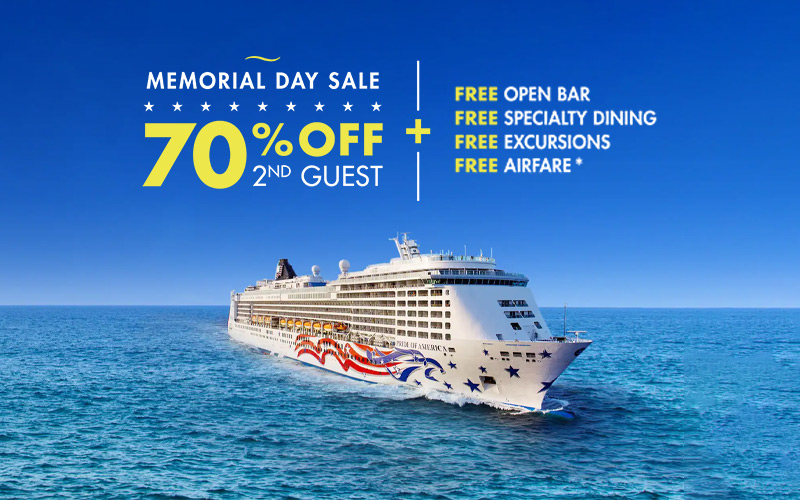 Norwegian Cruise Lines Exclusive! 70% off 2nd Guest + Free Open Bar + Free Specialty Dining + Free Excursions + Free Airfare*