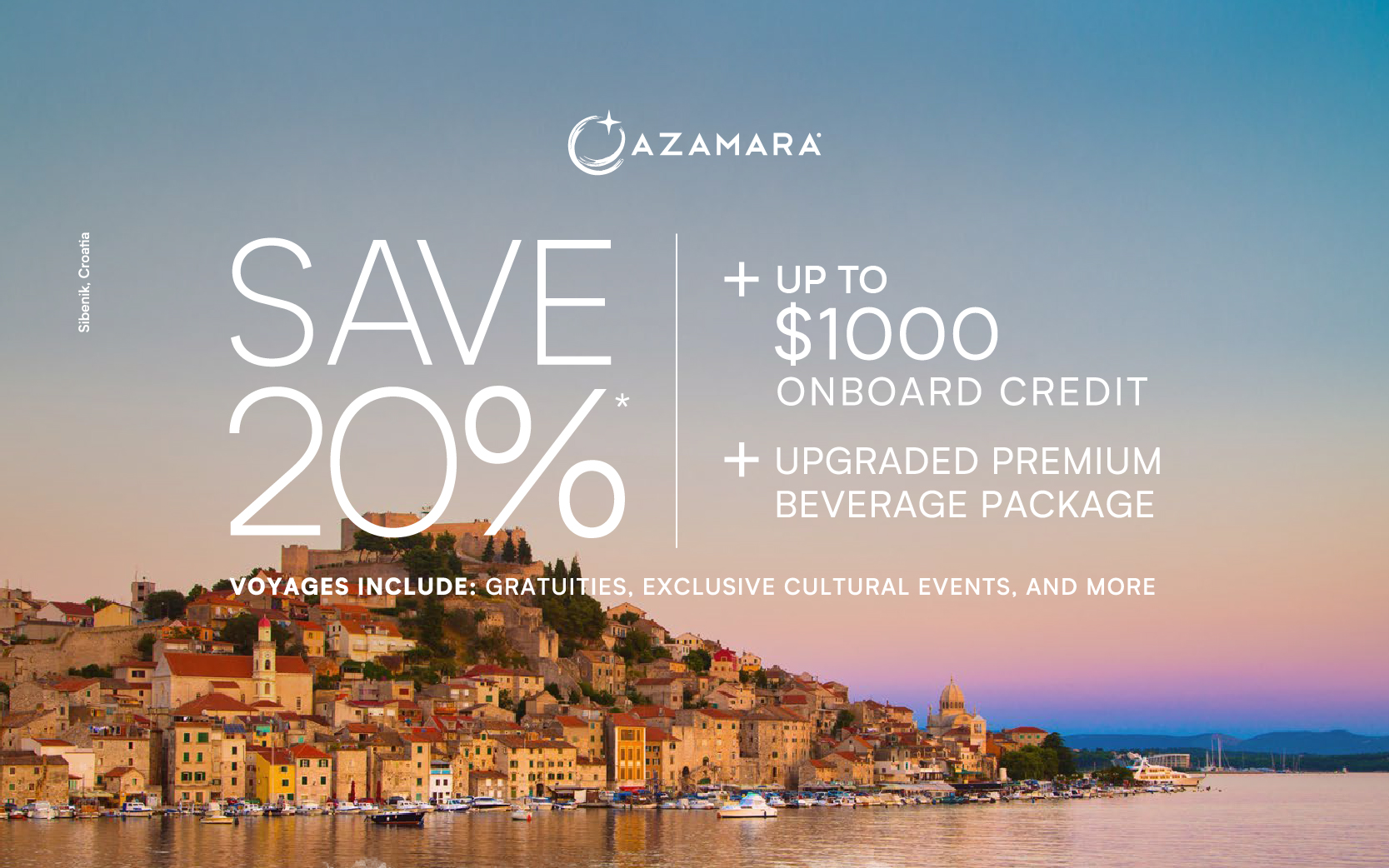 Sail with Azamara and save 20% off, plus up to $1,000 On Board Credit, plus upgraded Premium Beverage Package, and more!